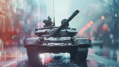 A tank is driving down a wet road with a blurry background 4K motion photo