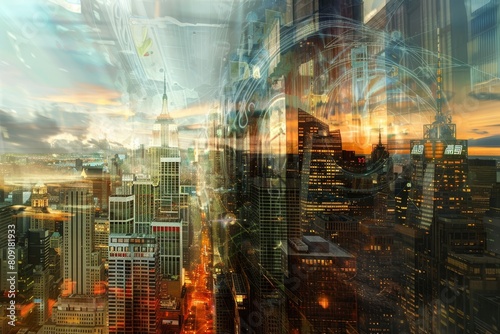 A cityscape with a futuristic city looming in the background, showcasing a blend of modern and advanced architectural features, A cityscape altered by time travel and temporal anomalies photo
