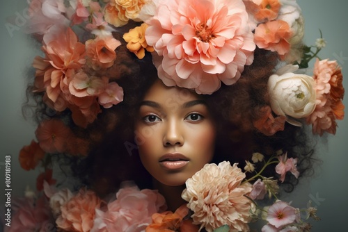 Portrait of a woman adorned with a lavish bloom of flowers in her hair, exuding tranquility © juliars