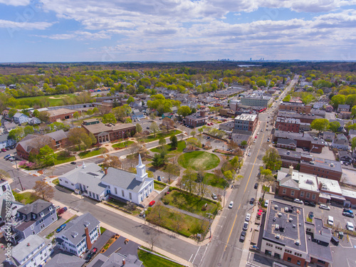 Принти на полотні First Congregational Church and Town Hall aerial view at Town Common in historic town center of Stoneham, Middlesex County, Massachusetts MA, USA