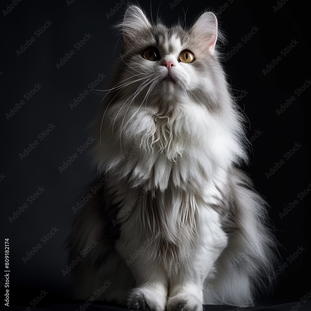 Majestic long-haired cat with bright eyes sitting elegantly against a dark background, highlighted by soft lighting.
