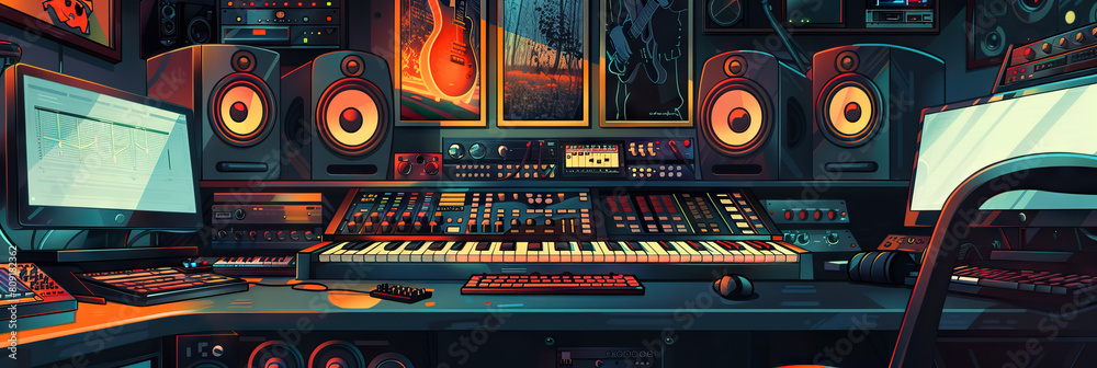 Music Producer's Studio Wall: Adorned with soundproofing panels, posters of favorite musicians, and a shelf with audio equipment Music Producer's Studio Wall: Adorned with soundproofing panels, posters of favorite musicians, and a shelf with audio equipment