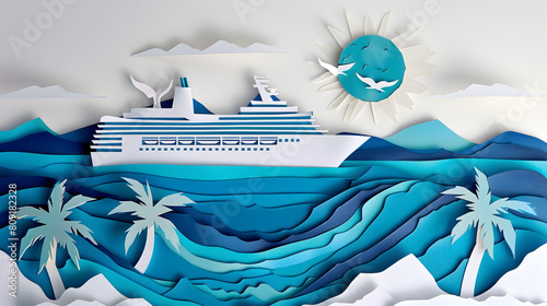 Elegant paper art rendering of a luxury cruise ship cruising through stylized blue waves under a bright sun, perfect for summer retreats