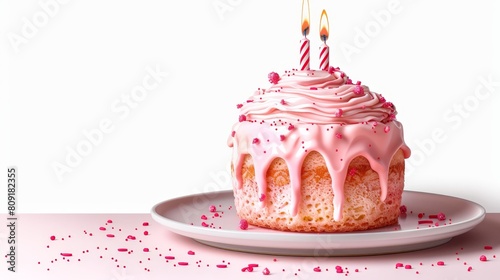   A cupcake with pink icing, two lit candles, and confetti sprinkles on a plate