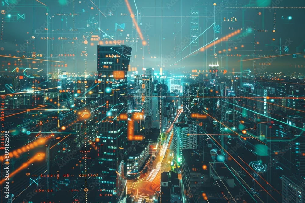 A cityscape illuminated by numerous lights and defined by intersecting lines and patterns, A cityscape dominated by artificial intelligence and algorithms A cityscape illuminated by numerous lights and defined by intersecting lines and patterns, A cityscape dominated by artificial intelligence and algorithms