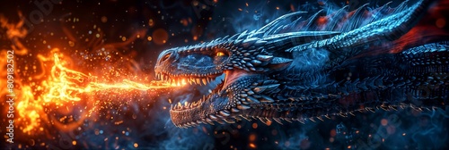 An epic blue dragon spitting fire, side view of the head