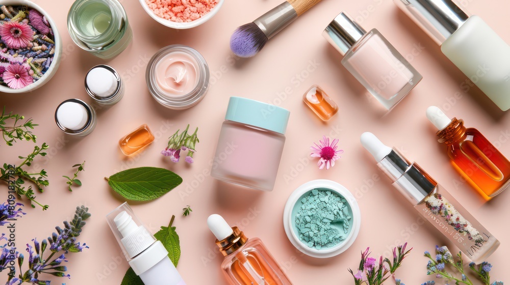 A vibrant flat lay photo of various skincare products surrounded by green plants and pink flowers It showcases the beauty and natural elements of skincare A vibrant flat lay photo of various skincare products surrounded by green plants and pink flowers It showcases the beauty and natural elements of skincare