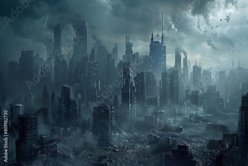 A vast city with numerous towering buildings creating a dense skyline, A cityscape engulfed in a nanotech plague