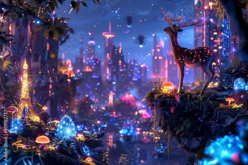 A deer stands atop a vibrant, dense forest teeming with life and lush greenery, A cityscape filled with bioluminescent plants and animals