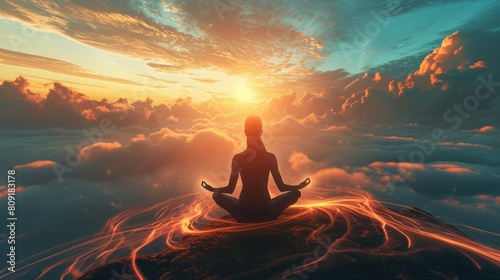 The picture of the young or adult female human doing the yoga pose for relaxation or meditating the mind in the middle of the nature under the bright sun in the daytime of a dawn or dusk day. AIGX03.