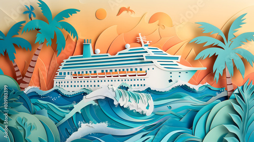 Dynamic paper art of a cruise ship with dazzling waves, reflecting the spirit of summer vacations and festive holiday parties