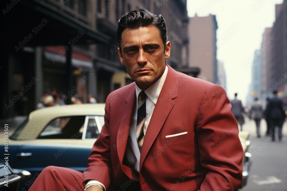 Smartly dressed man in a striking red suit exudes confidence in an urban setting