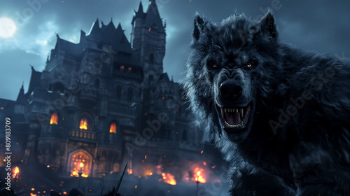 A brave werewolf warrior defending a haunted castle from intruders, Halloween wallpaper photo