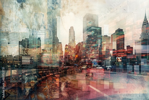 A painting showcasing a bustling city with numerous towering skyscrapers dominating the skyline, A cityscape where memories and identities can be uploaded and shared