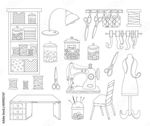 Coloring Page Set Of Sewing Items Is A Coloring Book For Adults And Children