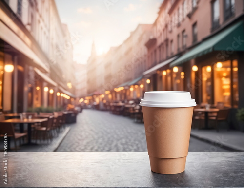 Cup of coffee on blurred city background