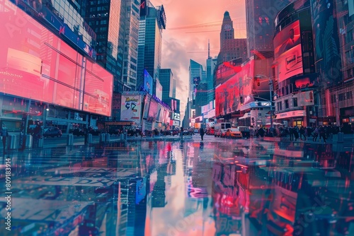 A city street lined with towering buildings in a busy urban environment, A cityscape where reality is manipulated through virtual simulations photo