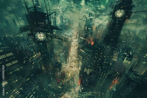 A chaotic city filled with towering buildings and numerous clocks scattered throughout, A cityscape where time is fractured and chaotic