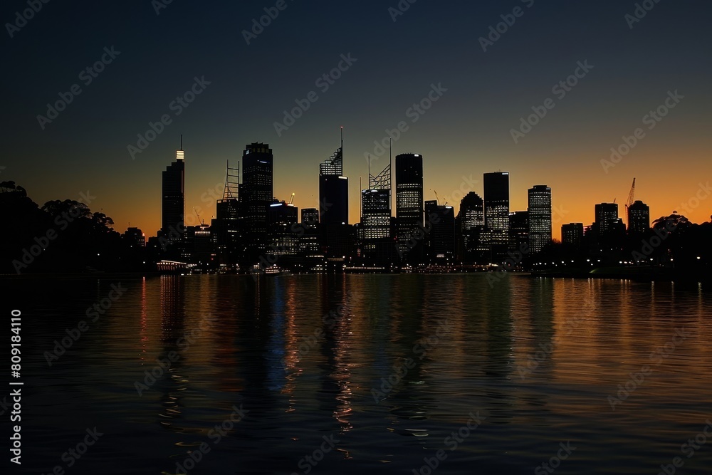 Obraz premium A city skyline across water lit up at night, reflecting in the calm waters below, A city skyline slowly lighting up as the last traces of daylight disappear