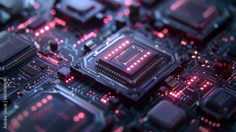 Macro shot of a high-tech circuit board with glowing red lights surrounding a central microprocessor