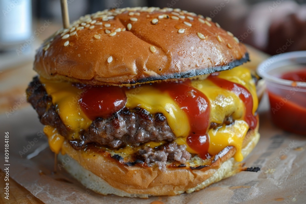 A cheeseburger on a bun with ketchup and mustard, A classic American cheeseburger with a perfectly grilled patty, American cheese, and a dollop of ketchup A cheeseburger on a bun with ketchup and mustard, A classic American cheeseburger with a perfectly grilled patty, American cheese, and a dollop of ketchup