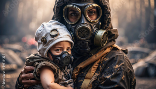 A woman wearing a gas mask holds her small child in her arms