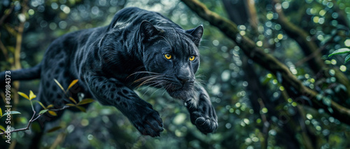 A black leopard with yellow eyes leaps through the air, , showcasing its powerful and agile movements, surrounded by a dense jungle setting