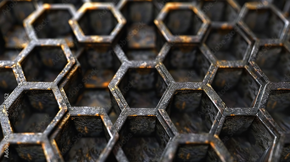 A close up of a black and gold hexagonal pattern A close up of a black and gold hexagonal pattern