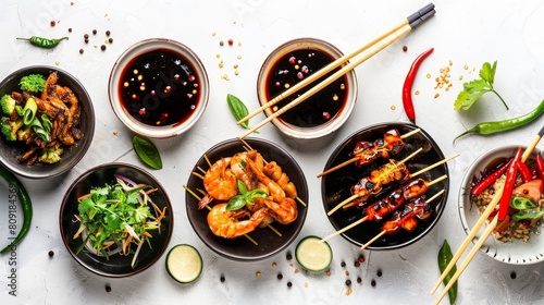 Traditional asian cuisine with insects and dipping sauces, eating with chopsticks