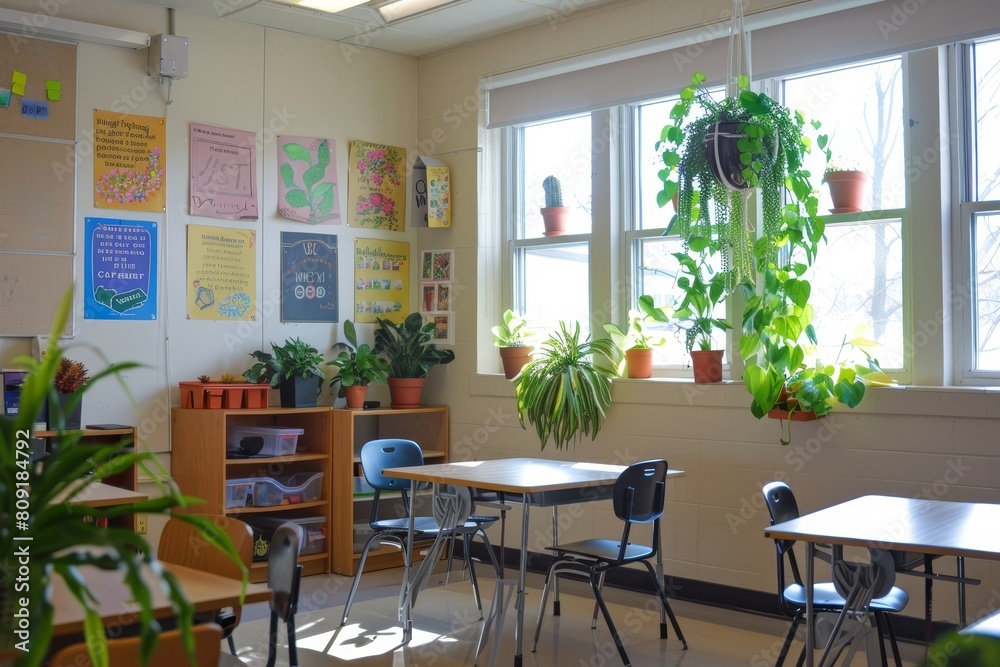 A classroom with neatly arranged desks, chairs, and vibrant plants, displaying a conducive environment for learning, A classroom decorated with motivational posters and plants