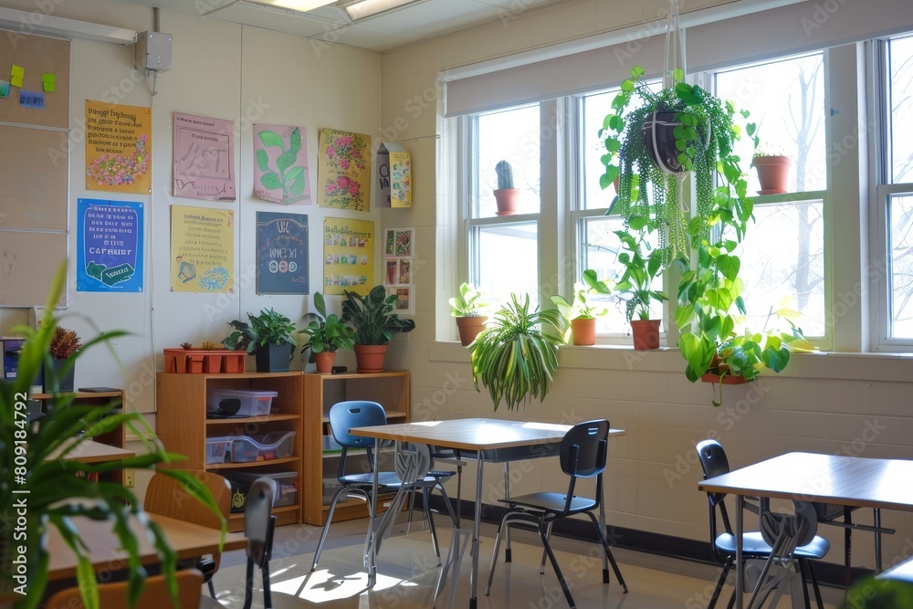 A classroom with neatly arranged desks, chairs, and vibrant plants, displaying a conducive environment for learning, A classroom decorated with motivational posters and plants A classroom with neatly arranged desks, chairs, and vibrant plants, displaying a conducive environment for learning, A classroom decorated with motivational posters and plants