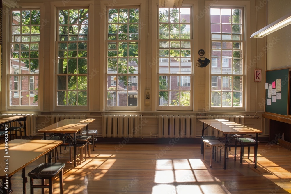 A room filled with multiple tables and chairs, with natural light streaming through the windows, A classroom filled with natural light streaming through windows A room filled with multiple tables and chairs, with natural light streaming through the windows, A classroom filled with natural light streaming through windows