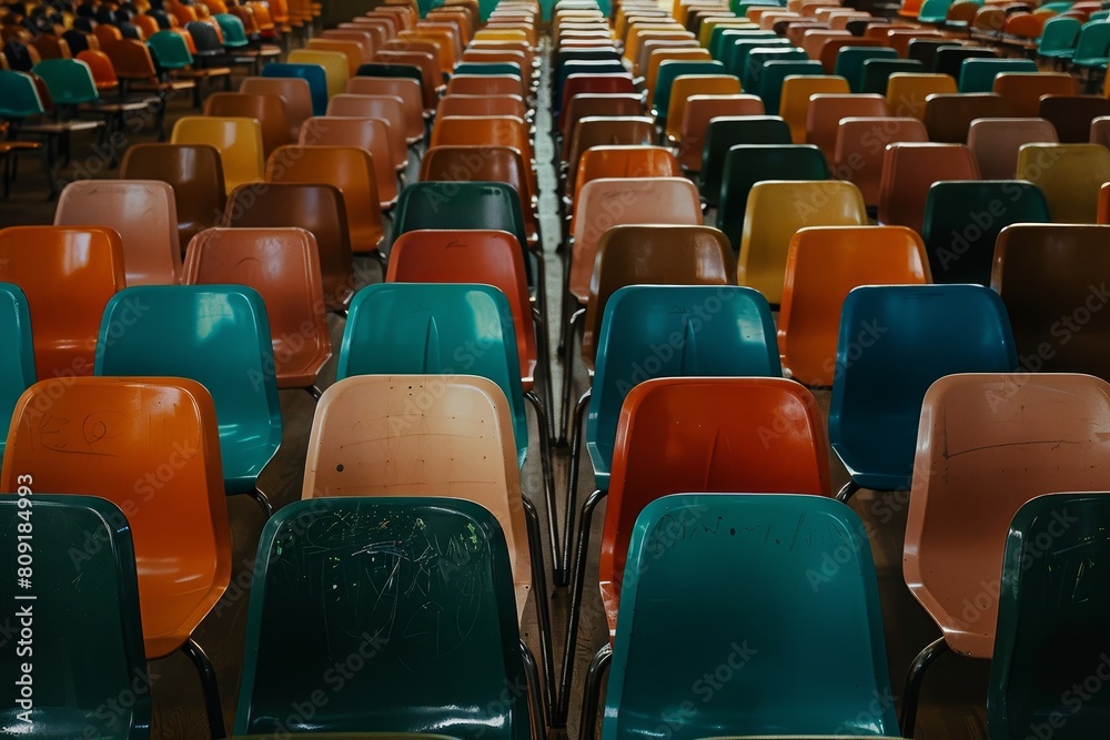 Fototapeta premium Colorful chairs arranged in rows in a spacious room, A classroom filled with rows of empty desks and chairs