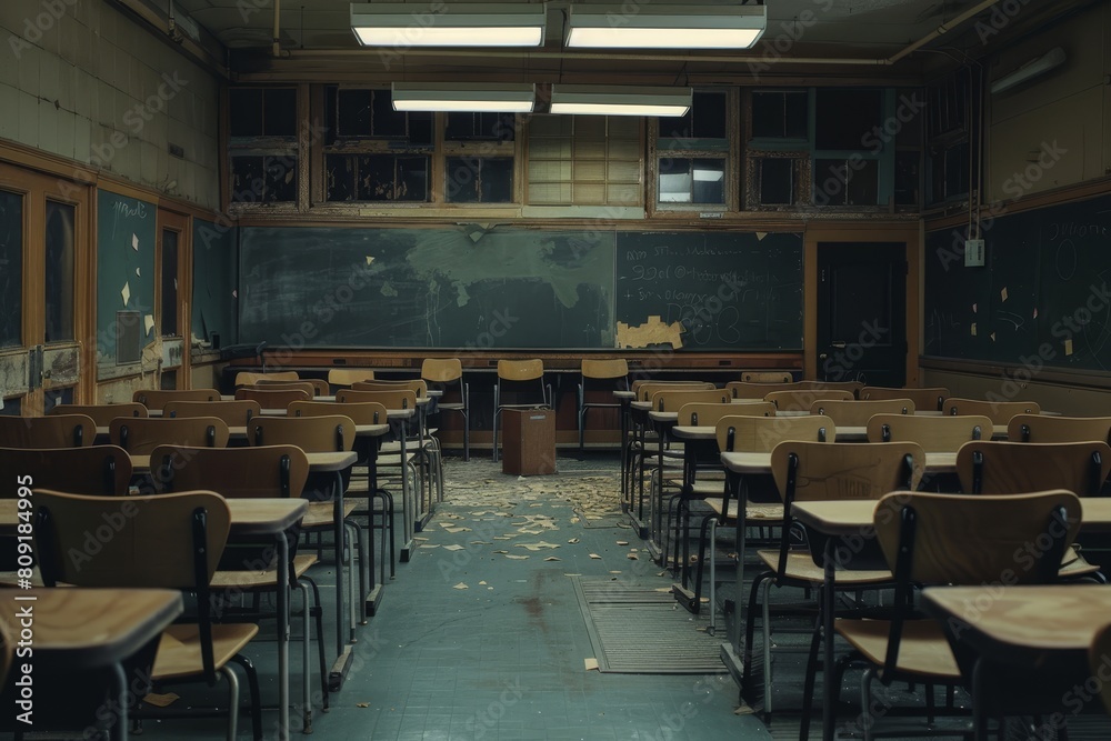 A classroom with numerous desks and chairs neatly arranged in rows, awaiting students, A classroom filled with rows of empty desks and chairs