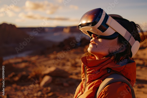 A woman wearing a virtual reality headset looks up at the sky © MagnusCort