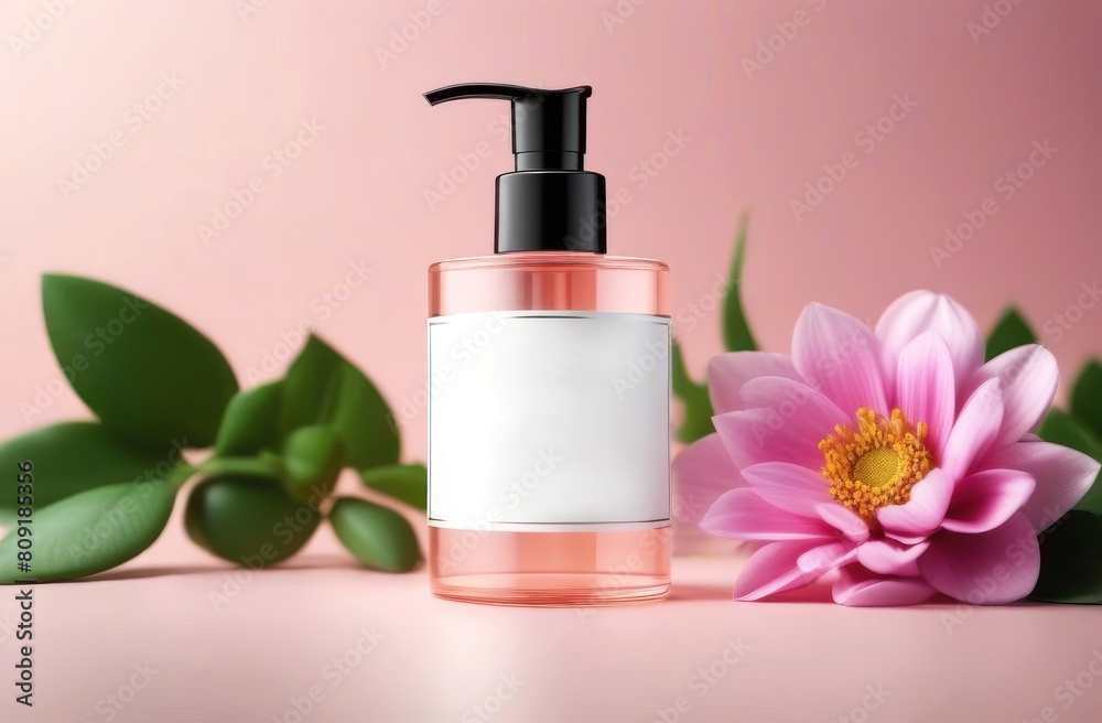Elegant skincare bottle with a serene pink backdrop, harmonized with a delicate floral touch Elegant skincare bottle with a serene pink backdrop, harmonized with a delicate floral touch