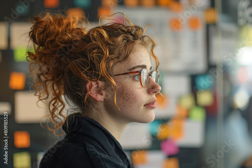 A woman with red hair and glasses looking at wall thoughtful, profile portrait, mid-shot, portrait of red-haired girl, girl with glasses, candid portrait, profile close-up view