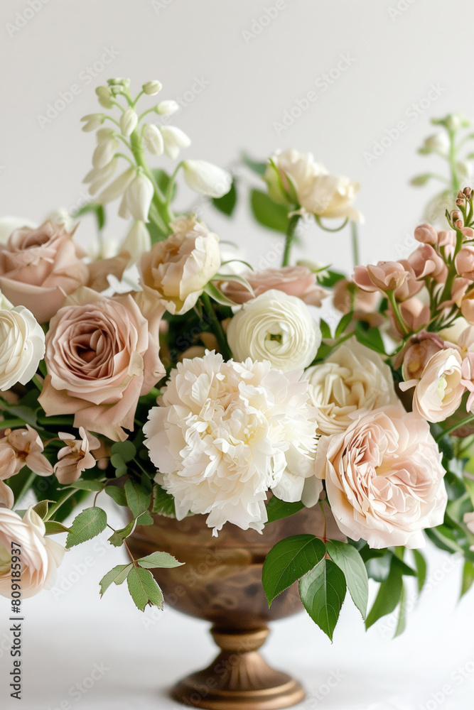 Obraz premium Arrangement of white and cream roses and ranunculus flowers in vintage gold vase