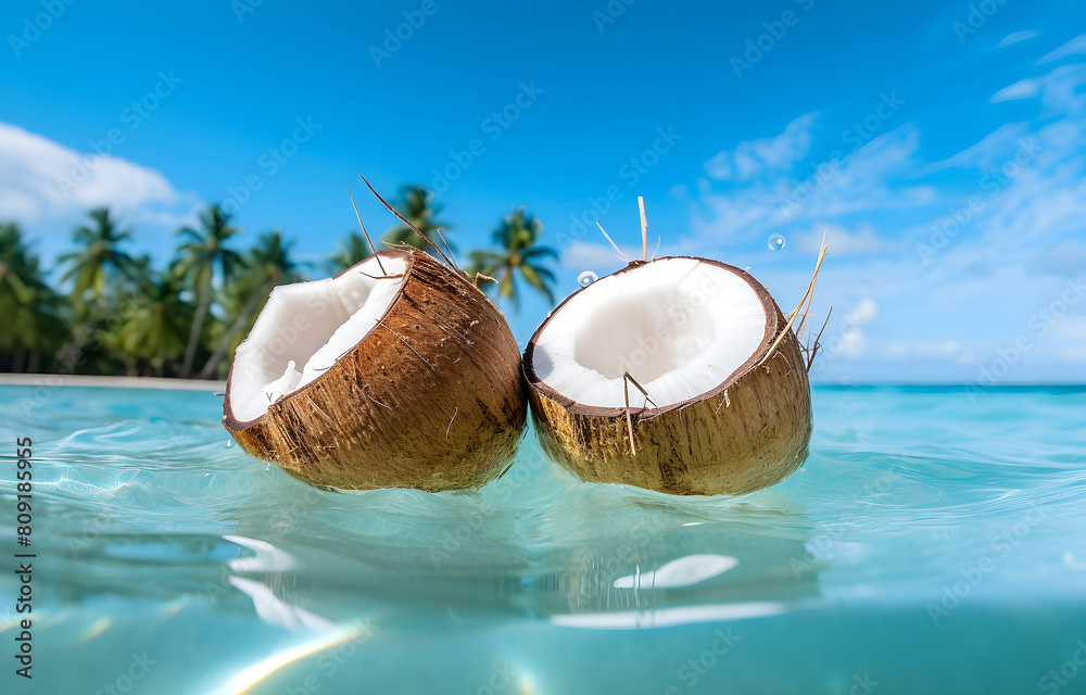 coconuts on white beach sand over blue transparent ocean wave ba coconuts on white beach sand over blue transparent ocean wave ba