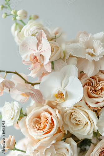 Close-up image of white orchids and light orange roses © Myroslava