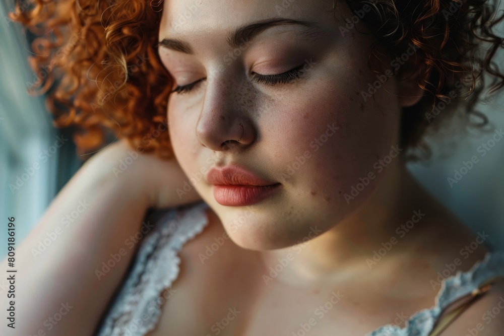 Close-up of a fuller-figured woman with vibrant red hair, A close-up of a fuller-figured woman embracing her beauty Close-up of a fuller-figured woman with vibrant red hair, A close-up of a fuller-figured woman embracing her beauty