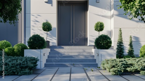 Entrance to modern family house - doors, stairs, ornamental shrubs and paved walkway