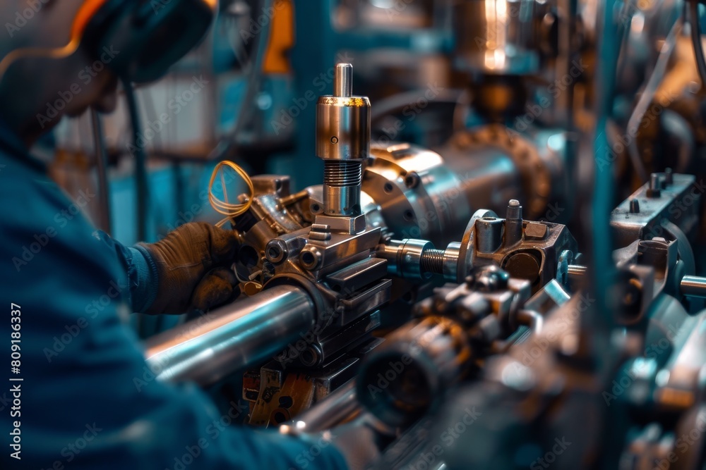 Obraz premium A man in work attire inspecting and repairing machinery inside a factory setting, A close-up of an engineer inspecting machinery for potential malfunctions in a factory