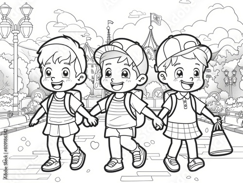 Children Discover and Explore Theme Park,  Single Black Outline Theme Park Cartoon Designs for Kids' Coloring Books.