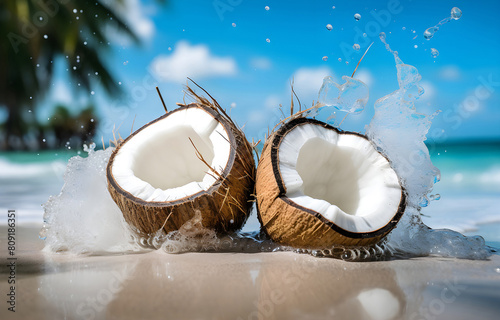 coconuts on white beach sand over blue transparent ocean wave ba photo