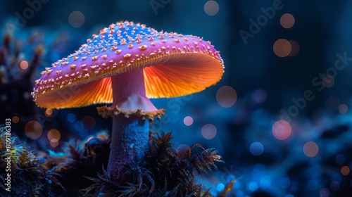 Glowing mushroom in a mystical forest at night
