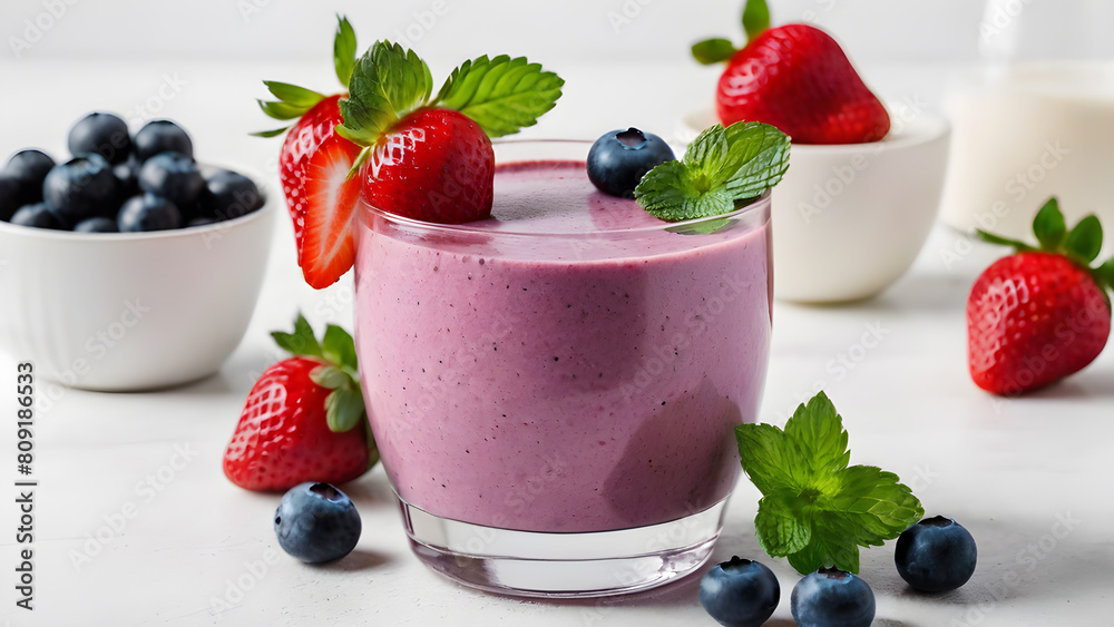 Glass of blueberry smoothie with fresh berries on white table. Glass of blueberry smoothie with fresh berries on white table.
