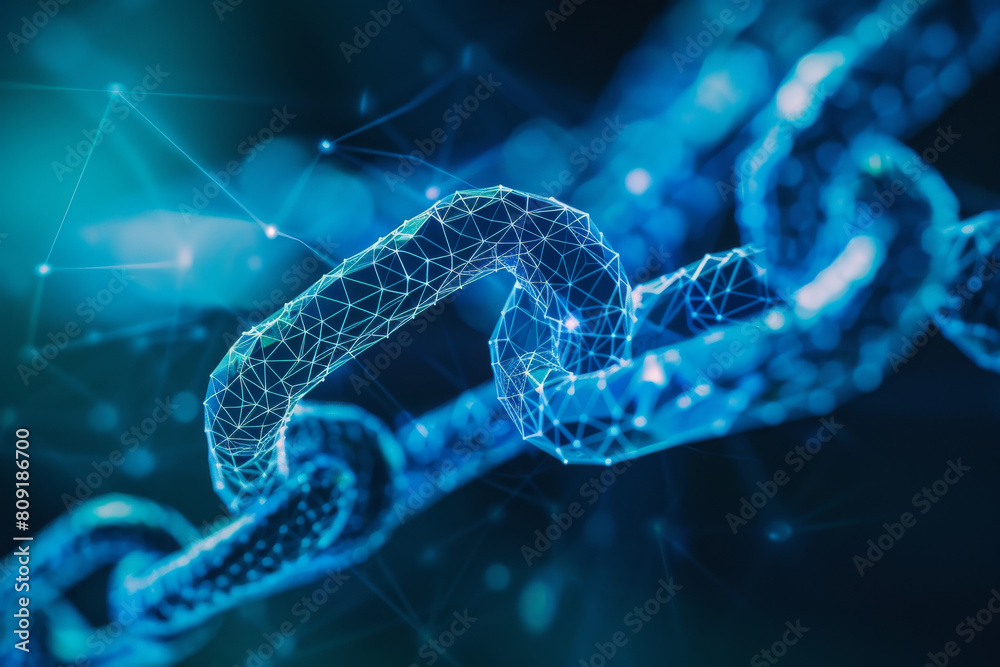 A close up of a chain with a blue background