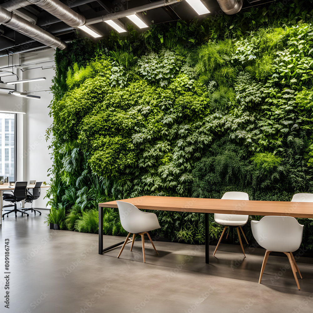 Interior of modern office with green plants and wooden table