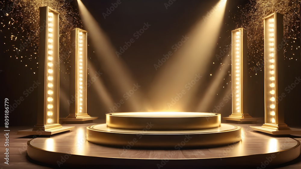 Abstract round podium illuminated with spotlight. Award ceremony concept. Stage backdrop. Abstract round podium illuminated with spotlight. Award ceremony concept. Stage backdrop.